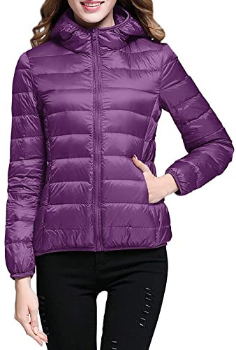 OBiQuzz Piumino da donna, leggero, a maniche lunghe, con cappuccio rimovibile, impermeabile, casual, effetto piumino, trapuntato, per le mezze stagioni, per le mezze stagioni, Lilla, S