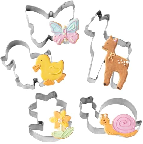 Dr. Oetker Ausstecher Waldzauber – 5-teiliges Set aus Edelstahl für Ostern, Motive: Schnecke, Rehkitz, Ente, Schmetterling und Blume, spülmaschinengeeignet, Silber