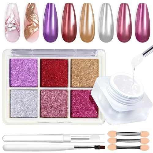U-Shinein Chrome Nail Powder Set, 6 Color Chrome Glitter Powder, Metallic Chrome Powder Kit, Mirror Nail Art Powder Set, Semi Solid Modeling Gel, Silicone Nail Brush for Nail Art Nail Design, 07