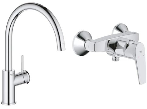 GROHE Robinet de cuisine évier Start, bec haut, rotation bec 360°, robinet & Mitigeur monocommande Douche Start Flow, robinet à montage mural, raccord fileté pour flexible en 1/2, rosaces