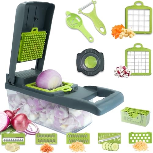 Vegimax Vegetable Chopper & Slicer: Effortless Veggie Cutting for Onion, Potato, Salad & More! Essential Kitchen Tool (14-in-1 Compact Green)