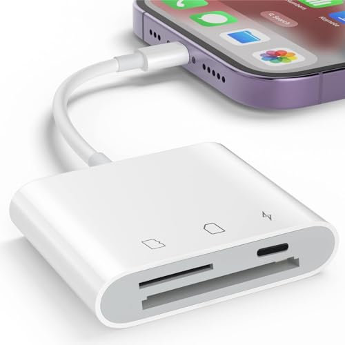 Dual Connectors Dual Slots SD Card Reader for iPhone iPad with Charging USB, Lightning & USB C MicroSD Camera Memory Card Reader for iPhone16/15/14/13/12/11/8/7 Series (Lightning SD+TF+Charging)