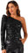 Allegra K Damen Glitzer Pailletten Top One Shoulder Puff Langarm Schimmer Tops Schwarz M