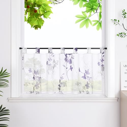 HeichkelL Scheibengardine mit Blätter Transparent Gardine Kurzstores mit Schlaufen Leinenoptik Bistrogardine Violett HxB 30x90cm