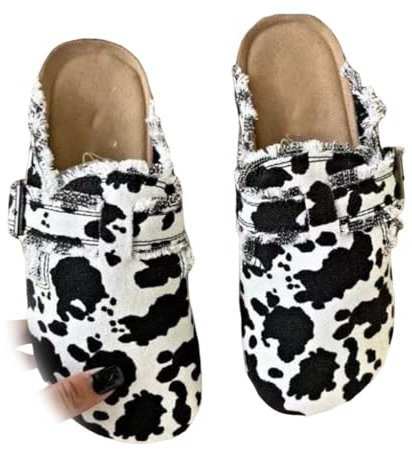 Pantoletten Aus Canvas Mit Leopardenmuster Für Damen, Stylische Slipper-Clogs, Clogs Für Damen, Pantoletten Mit Fußgewölbeunterstützung Und Bequemem Korkfußbett (Kuh,UK6.5-EU41)