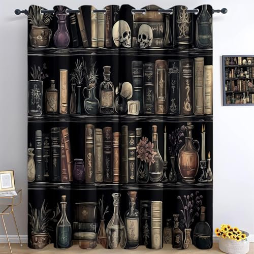 Vorhänge Blickdichte mit Ösen Gardinen 2er Set Retro-Fantasy-Bücherregal Totenkopf Verdunkelungsvorhang Braunes Thermovorhang Ösenvorhang Schiebevorhänge für Schlafzimmer Wohnzimmer B 140 x H 200 cm