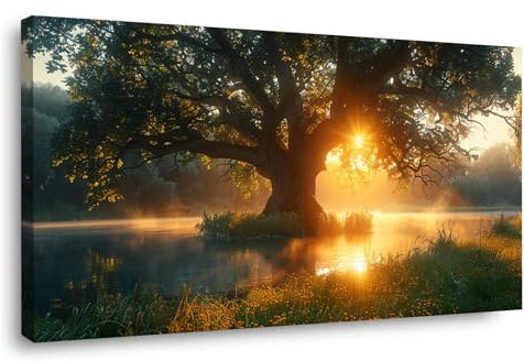 BOHUO Or, vert Tableau arbre de vie Impression sur toile moderne grand, Coucher de soleil sur la rivière XXL Affiche Poster Murale Tableaux pour salon d'art mural-40x80cm Encadrée