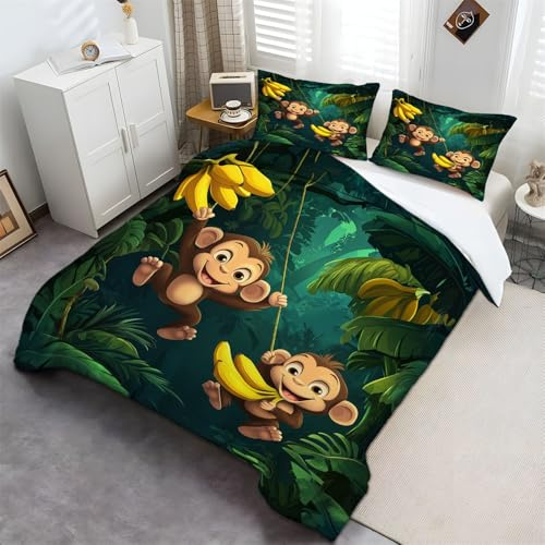 Bettwäsche 135 x 200 cm 3D Bettbezug Set Weich Flauschig Dschungel-Cartoon-AFFE Microfaser mit Kissenbezug Grün Cartoon Tiere Kinderzimmer Jungle Style