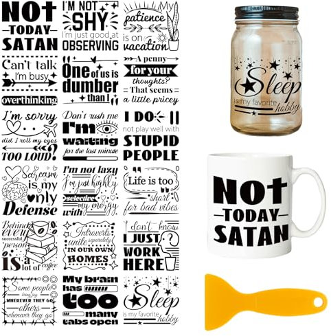 GLOBLELAND 18 Sheets Humorous Quotes Rub on Transfer 3.9x3.6inch Funny Pictures Text Words Home Decals Book Coffee Cup Transfer Decals for Furniture Vase Glass Art Crafts Decorations