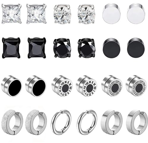 12Paar Edelstahl Magnetische Ohrstecker für Männer Frauen Magnet Ohrringe Herren Damen Creolen CZ Magnet Nicht Durchdringende Clip Magnet Ohrstecker Ohrclips Non Piercing Ohrringe Set Schwarz Silber