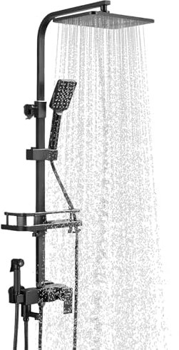 Thermostat Duschsystem mit Duscharmatur, Duscharmatur Komplettset,Regendusche mit Armatur und 34 * 29.5cm Duschkopf, Handbrause mit Strahlarten, 90-120cm Höhenverstellbar (Schwarz/4 Zahnradposition)