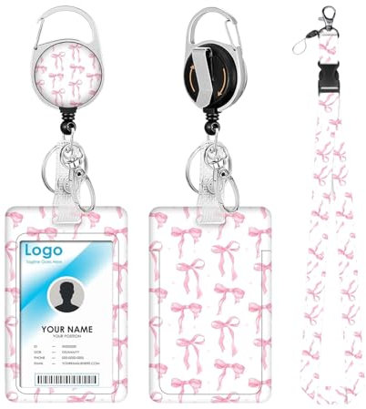 Étui pour carte d'identité avec cordon et porte-carte d'identité, porte-badge avec clip, design à nœud rose, cordon rétractable, robuste, pour les femmes en soins infirmiers, cabinet médical