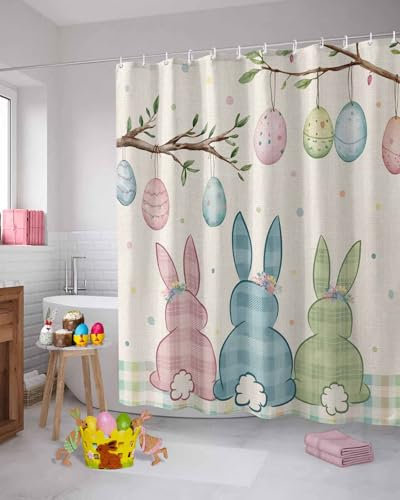 Oster-Duschvorhang für Badezimmer, 182,9 x 182,9 cm, Frühlingsrosa, Gelb, Grün, Kanincheneier, Büffelkariert, Duschvorhang mit Haken, Polyester, wasserdicht, für die Badewanne