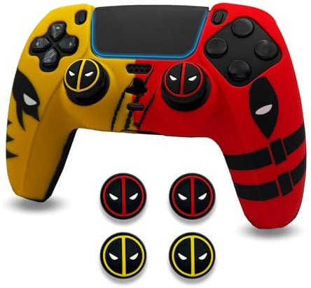 ElitePlay Rutschfeste Silikon-Schutzhülle für PS5-Controller, Dpool vs Wolve, weiche Gummi-Schutzhülle für PS5-Controller mit Daumengriff-Set, Gelb und Rot