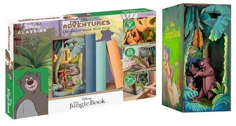 Revell Tiny Adventures Buchstütze Dschungelbuch I 3D Miniaturhaus aus Holz mit LED I Mogli & Balu als Book Nook fürs Regal I Bastelspaß & Geschenkidee für Disney-Fans und kleine Abenteurer