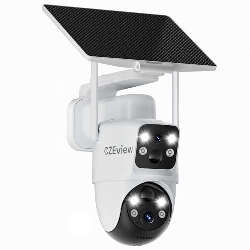 CZEview Telecamera Wi-Fi Esterno Senza Fili, 4MP Videocamera Sorveglianza con pannello solare, Doppio Obiettivo e PIR, 360° PTZ, 10000mAH Batteria, Visione Notturna A Colori, Audio Bidirezionale