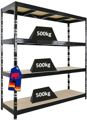 PROREGAL Étagère Professionnelle Robuste Rhino | HxLxP 200x200x60 cm | 4 Niveaux en aggloméré de 8 mm | Charge maximale 500 kg | Noir | Étagère de Garage, étagère de Rangement
