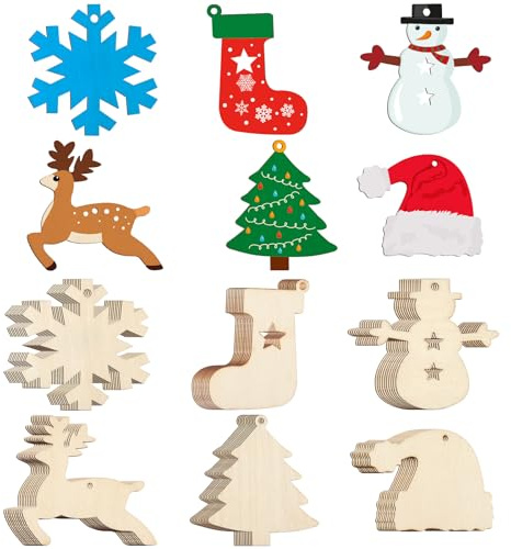 NEBURORA 36 adornos de Navidad de madera sin terminar, 6 estilos con agujeros, kit de decoración colgante de Navidad de madera natural para pintar