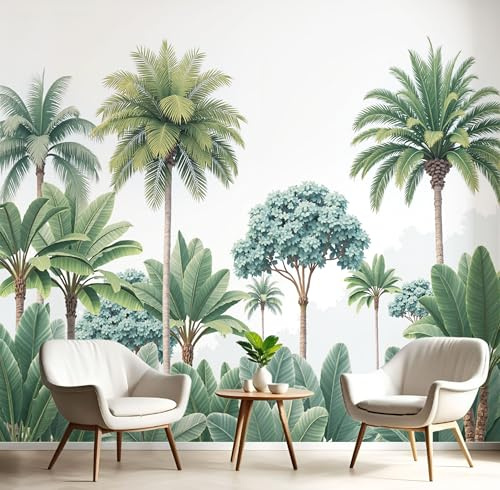 Fototapete Tropischer Dschungel Tapete Aquarellpflanzen Fototapeten 3D Effekt Tapeten Smaragdgrün Wandtapete Für Wohnzimmer Schlafzimmer Motivtapeten Poster Bilder Wand Deko, 400X280Cm