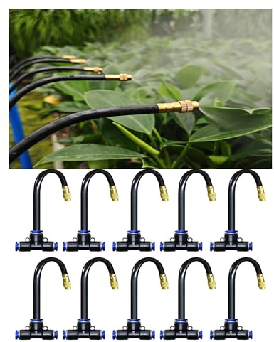 Kit de riego por goteo de 20 piezas, 10 aspersores de nebulización ajustables de 360° y 10 accesorios en T de empuje para conectar de 12 a 8 mm, sistema de riego sin herramientas para jardín