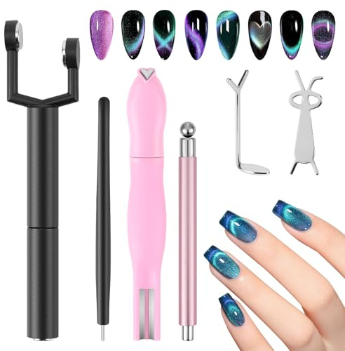 Setgoold 6PCS Professional Cat Eye Magnet for Nail Art | 3-in-1 magnetic pen with steel ball bead attraction, Multifunctional cat eye magnet tool for diverse nail effects