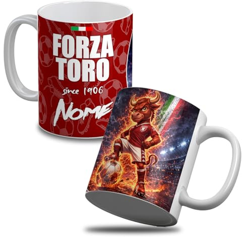 quickgadget Tazza in Ceramica Tifoso Torino Granata con Mascot Toro Calcio, Personalizzabile con Nome, Idea Regalo Uomo Donna, Gadget Sport Casa Ufficio Colazione