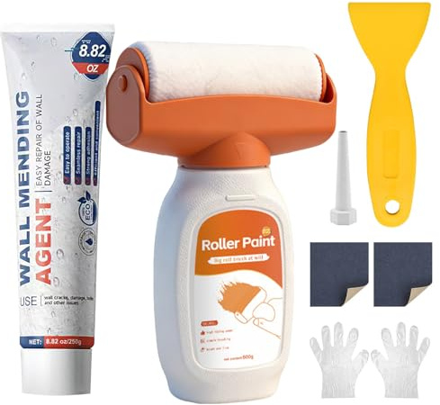 Wand-Reparatur-Set mit Rollfarben-Pinsel 500g und Spachtelmasse 250g, Wandfarbe Weiß zur Fleckenentfernung, Reparaturpaste für Risse & Löcher, DIY Wandmending Kit inkl. Zubehör