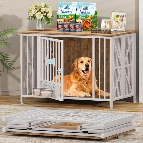 AMLANCHER Faltbarer Großer Hundekäfig Möbel für M/L/XL Hunde, 105x65x72cm Montagefreie Holz Indoor Hundebox für Zuhause mit Hundenäpfen & Namensschild, als Beistelltisch & TV-Ständer, Weiß & Buche