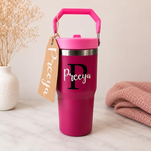 Personalised Insulated Tumblers with Name & Initial- 550ml Stainless Steel Travel Mug with Handle for Hot & Cold Drinks (Pink)