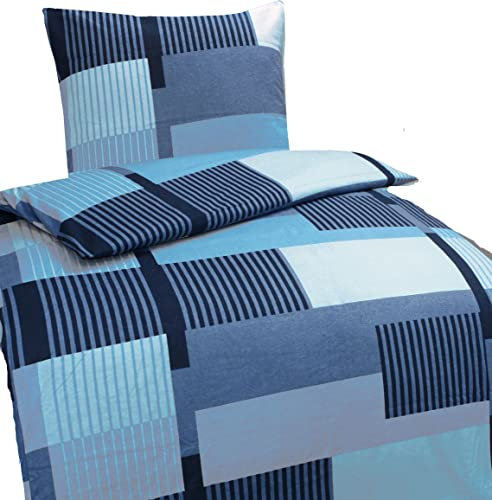 KH-Haushaltshandel Biber Winter Bettwäsche 135 x 200 + 80x80 cm, blau, Karo/Streifen,100% Baumwolle (P-BlauKaro)