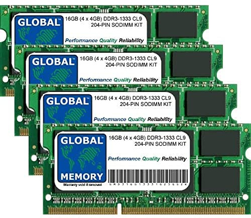 GLOBAL MEMORY 16Go (4 x 4Go) DDR3 1333MHz PC3-10600 204-PIN SODIMM MÉMOIRE RAM KIT pour Ordinateurs Portables
