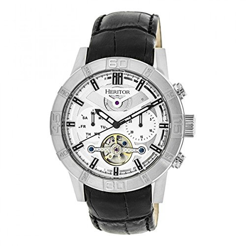 HERITOR Hannibal Automatic Watch for Men – 44mm Men’s Semi-Skeleton Watch with Jeweled Automatic Movement, 316L Stainless Steel Case, Sapphire-Coated Mineral Crystal, Leather Strap (HERHR4101) – Silver