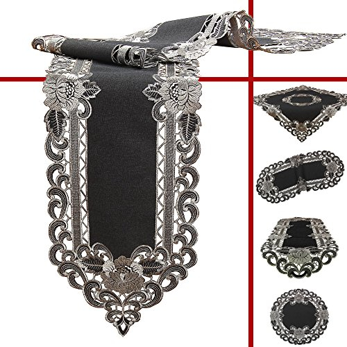 Quinnyshop Grau Tischband Tischläufer Leinen-Optik Blumen Stickerei (ca. 30x160 cm Spitz zulaufend)