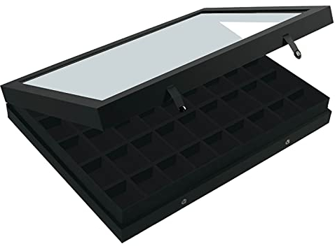 SAFE 5677 Sammel Vitrine Black Edition mit Echtglasabdeckung | mattschwarzen Leinenstruktur-Oberfläche | Setzkasten für bis zu 45 STK. Legofiguren, Mineralien oder Schmuck | 40 x 30 x 5,5 cm