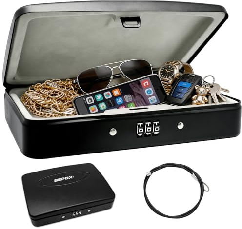 SEPOX® Water Fire Resistant Portable Security Lock Box, 91cm Cable, Combo | For Travel, Hotel, Office, Dorm. Compact Steel Lock Box with 91cm Cable, Resettable Code. Secures Cash, Passport, Valuables