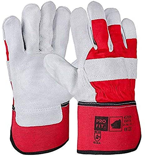 PRO FIT Premium Arbeitshandschuh Küste 12er Pack – Rindspaltleder Handschuhe, Profi Handwerks-Handschuhe, Schutzhandschuhe mit Canvas-Stulpe – Rot/Natur, Gr. 11