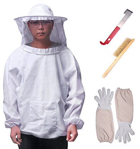 ALLOMN Bienenzucht Set, Imkeranzug Werkzeug Set Imkerausrüstung Bienenenzucht Schleier Atmungsaktive Anzug Jacke Lange Ärmel Handschuhe Bienenenstockbürste J Haken 4 Stück