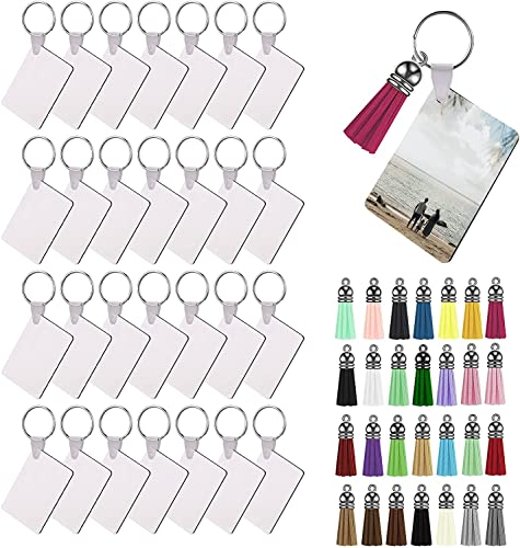 LUTER 56 Pièces Porte Clés Vierge de Sublimation avec Porte-clés et Pompons Colorés pour L'artisanat de Bricolage (Rectangulaire)