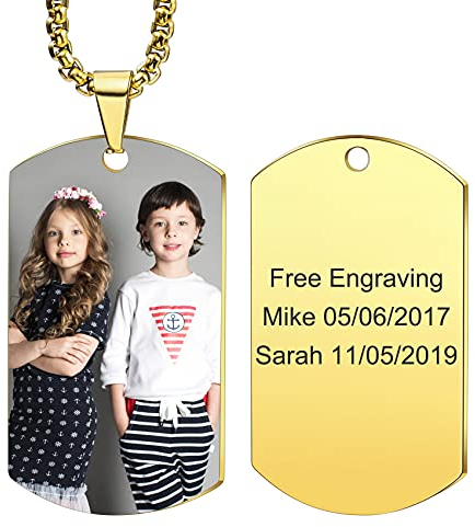 MunkiMix Personalizado Placas de identificación Collares con Texto e Imagen Grabados con Colgante de Imagen en Color/Blanco y Negro Regalo para Hombres/Mujeres Joyas grabadas. (6 Colores)