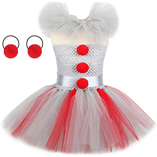 Kinder Pennywise Kost?m Halloween Cosplay Kleinkinder M?dchen Clown Costume Tutu T?ll Kleid mit Haarreifen Outfit Stephen Kings Es Horrorclown Fasching Karneval Verkleidung Grau + Rot 4-5 Jahre