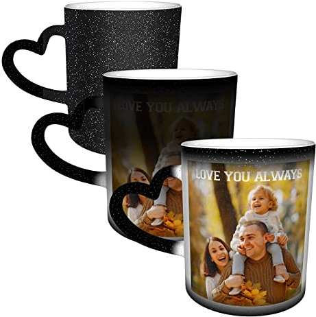 Naispanda Herz Zaubertasse mit Foto Name Text Bedrucken Lassen Magic Mug Personalisierte Fototasse Zauberbecher Selbst Gestalten Tasse Personalisiert Kaffeetasse Bedruckt Kaffeebecher Schwarz Becher