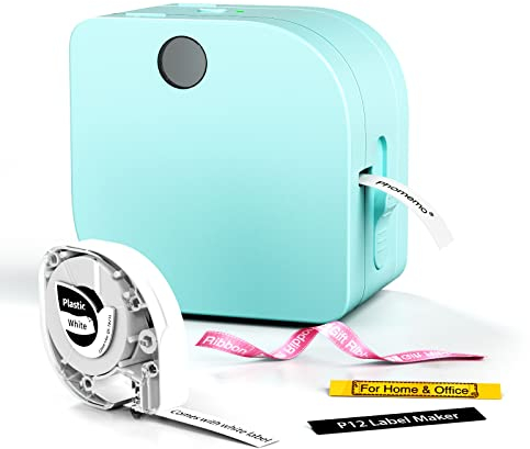 Phomemo Beschriftungsgerät Handgerät P12 Mini Bluetooth Etikettiergerät mit Etikettenband | Thermo-Etikettendrucker für Zuhause & Büro | Tragbarer Labelmaker für Android & iOS-Türkis