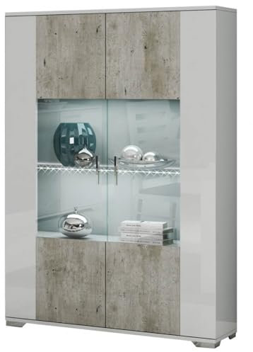 AltoBuy Lynda - Vitrine 2 Portes Laqué Blanc et Gris Béton
