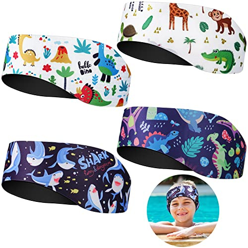 Zhanmai Swimming Headband, 4 Pieces Kids Waterproof Neoprene Hairband with Ear Covers, Adjustable Swimmer's Headband for Ear Protection (Dinosaur Style, 22 Inch)