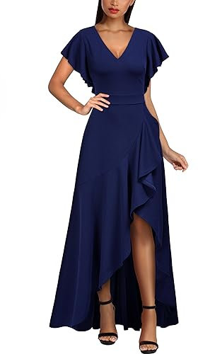 MIUSOL Women's Elegant V-Neck Ruffle Short Flutter Sleeves Empire Waist Split Evening Party Long Dress (XX-Large, Navy Blue)