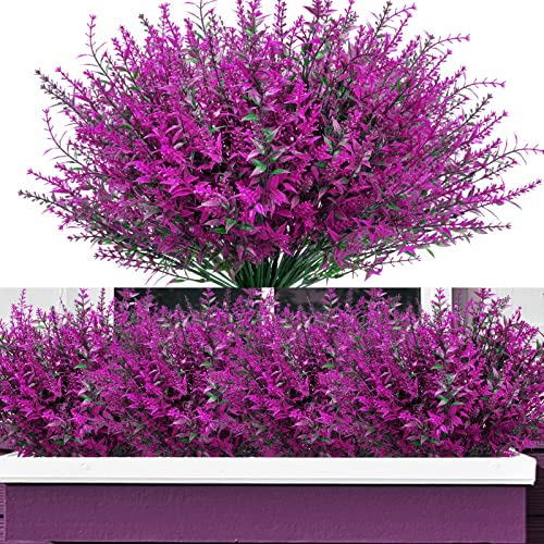 Elecoutek 12 Bündel Künstliche Lavendel Büsche Kunstblumen für Außen, Künstliche Blumen Balkonpflanzen Wetterfeste UV Beständige Plastikblumen für Outdoor Indoor Balkon Garten Balkonkästen, Fuchsie
