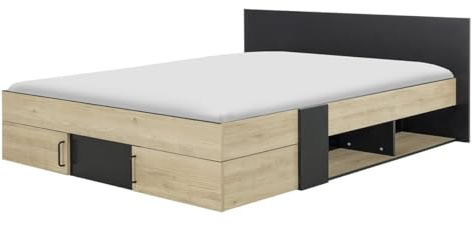 Diagone Bett mit Ablageflächen, 160 x 200 cm, Swivel – Spanplatten – Französisches Produkt – Schwarz und helles Holz – Industrie – für Schlafzimmer – L180 x T209 x H80 cm Braun