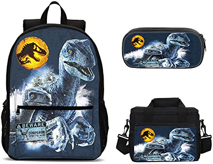 AMYATLIY 3 x Dinosaurier-Rucksack mit Lunchbox, Shcool-Tasche, Büchertasche für Kinder, Jungen, Fans, Geschenke, Farbe 7, Medium, Dinosaurier Rucksack