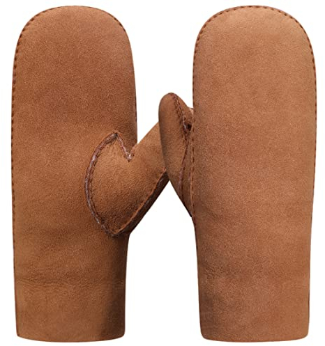 Harssidanzar Fäustlinge Lederhandschuhe,Winter Damen Warme echte Wildleder Lammfell Shearling Fäustlinge Lederhandschuhe KL026EU,Kamel,Größe XL