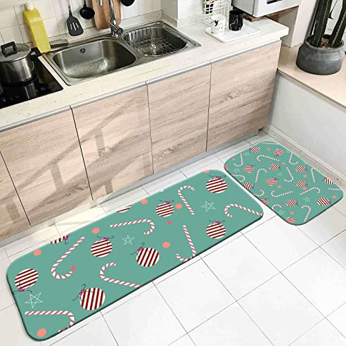 Rutschmatte Teppich, Teppich Küche Lang Rot Weiss Weihnachtskugeln und Süßigkeiten 40X60cm+40X120cm Heimtextilien